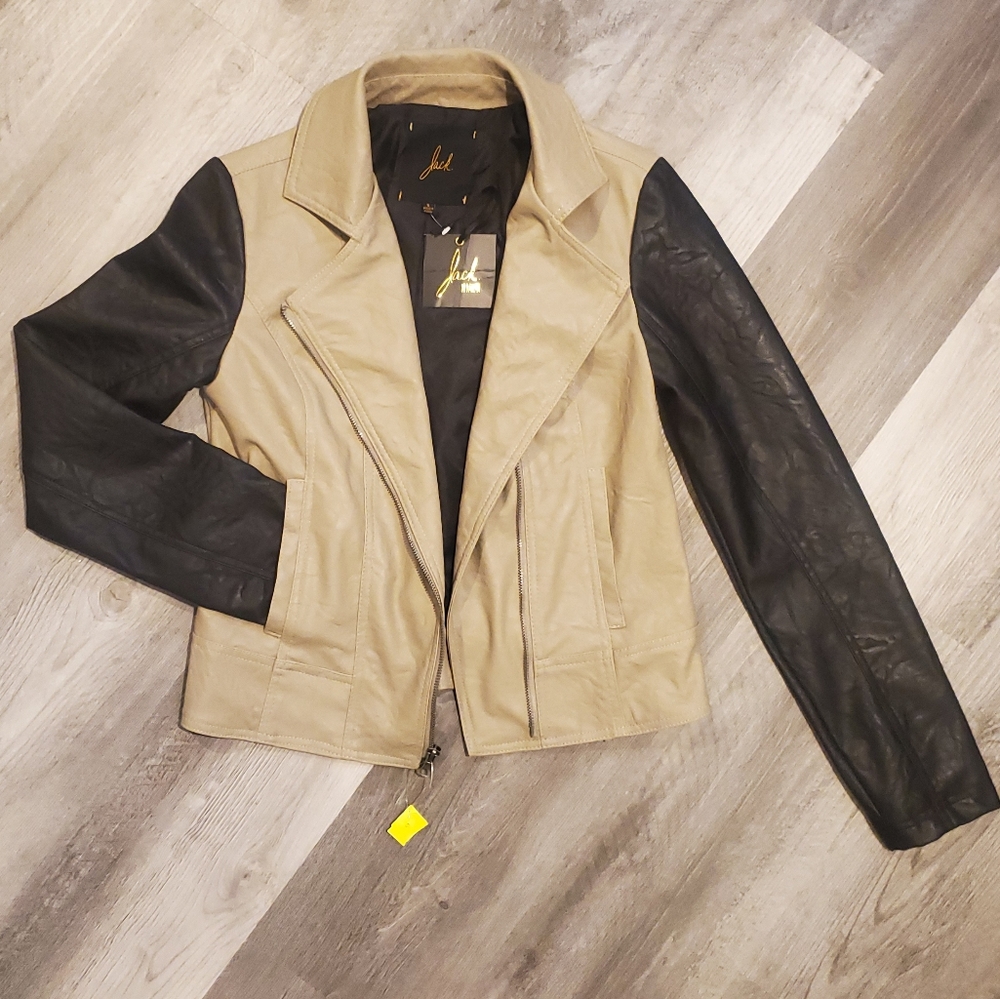 Colorblocked crinkle leather moto jacket